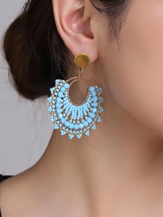 Anthropologie Jewelry - Anthropologie Gold and Light Blue Beaded Hoop Earrings